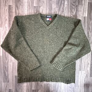 Tommy Hilfiger 100% Shetland Wool Chunky Speckled Forest Green V-Neck Sweate